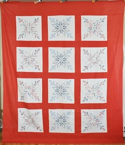 Large Vintage 40's Red, White & Blue Stars & Flowers Antique Quilt Top! - Picture 1 of 6