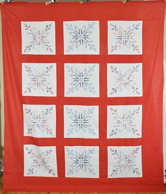 Large Vintage 40's Red, White & Blue Stars & Flowers Antique Quilt Top! - Image 1 of 4