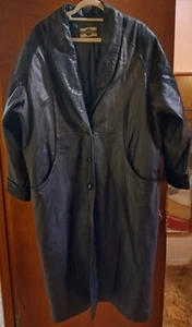 Vtg OUTBROOK Women's BLACK LEATHER TRENCH COAT RARE XXL 2X Plus Size + PEBBLED - Picture 1 of 10