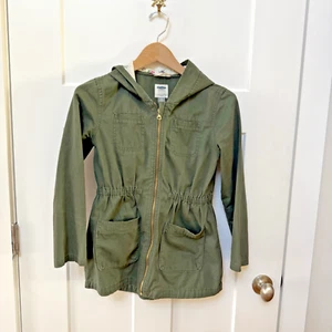 Old Navy Utility Jacket Girls Size XL 14 Green Pockets Hood Elastic Waist Zip Up - Picture 1 of 8