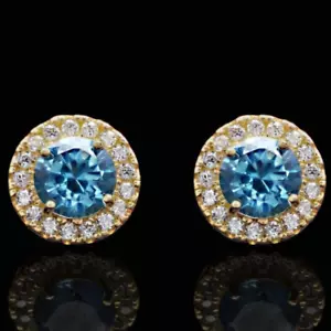 1.30Ct CZ Aquamarine 14K Yellow Gold Round Halo Stud Earrings - Picture 1 of 3