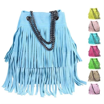 ITALYSHOP24.COM DAMEN LEDER TASCHE BUCKET BAG Umhängetasche Schultertasche Fransen Kette