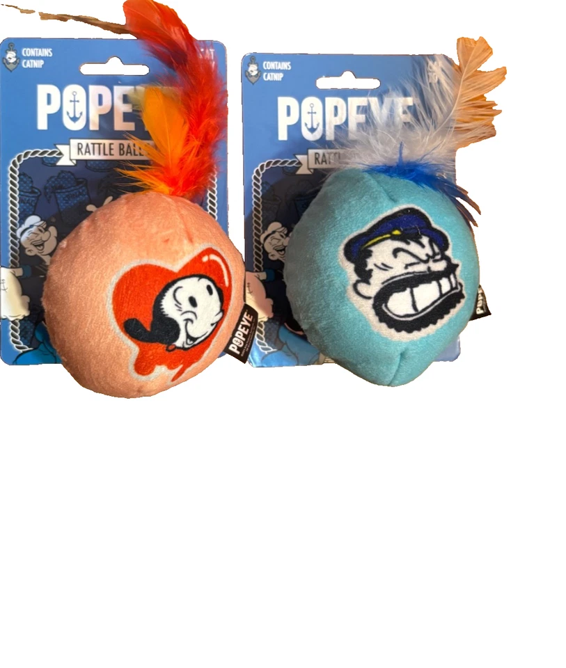 X's 2 Multipet Popeye Cat Rattle Ball with Feathers Assorted Colors 2.5" Cartoon - Image 1 of 1