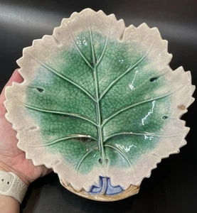 Antique Etruscan Majolica Branch Handled Leaf Plate Serving Dish 8.5” *see Flaw - Picture 1 of 22