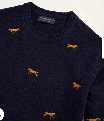 27 Vintage Brooks Brothers Sweater Blue Embroidered Horses Elbow Patch Wool XL - Image 1 of 4