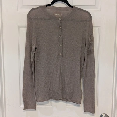 Zadig & Voltaire Wm Size Large 100% Cashmere Henley Sweater Cappichino Tan Arrow - Image 1 of 4