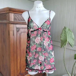 Forever 21 Babydoll Cami Tank Top Womens Black Floral Sheer Y2K Style Size S - Picture 1 of 10