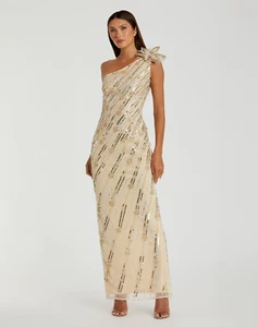 Mac Duggal Nude/Gold Embellished Floral Detail One Shoulder Gown Size 10 - Picture 1 of 9