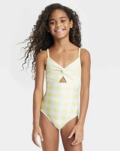 Girls' Medium 8 Gingham Check One Piece Swimsuit - Cat & Jack™ Green/yellow NWT - Picture 1 of 4
