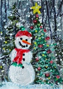 ACEO Original WINTERGEMÄLDE Schneemann Schnee WEIHNACHTSBAUM Landschaft Natur ATC ART - Bild 1 von 1