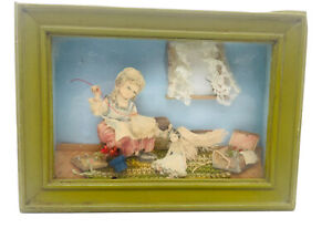 Vintage 3D Art Diorama Shadow Box Framed Nursery Scene Baby Doll Lace Needlework
