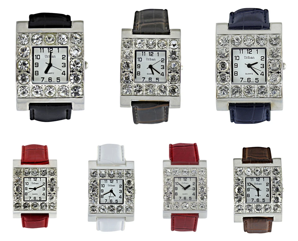 Urban Donna Argento Diamante Bianco Viso PU Cinturino IN Pelle Analogico Quarzo - Immagine 1 di 1