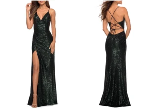 LA FEMME 30392 Dark Emerald Sequin Embellished Hi-Slit Lace-Up Open-Back Gown 2 - Picture 1 of 1