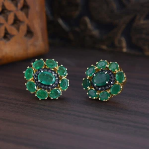 Emerald Gemstone 14K Gold Stud Earrings 925 Silver Diamond Anniversary Jewelry - Picture 1 of 6