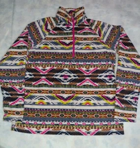 Eddie Bauer 1/4 Zip Aztec Print Southwestern Brown Pink Fleece Sweater Medium - Picture 1 of 3