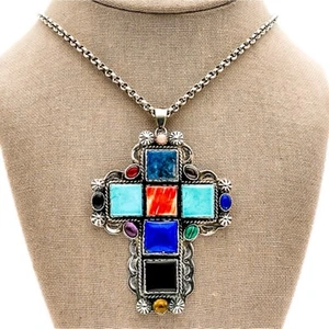 JOAN SLIFKA Sterling Cross Turquoise Spiny Oyster Lapis Onyx Misc Gemstone Huge - Picture 1 of 11