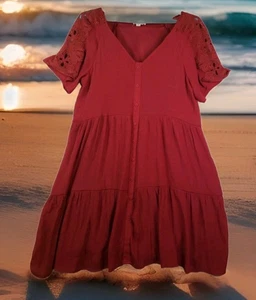 Indigo Rose Damen Gr. 2X rot Stufen Rüschen Kleid gefüttert Häkelärmel Boho  - Bild 1 von 13