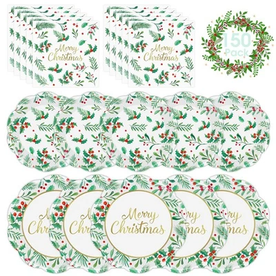 150 peças pratos e guardanapos de Feliz Natal - Prato de papel descartável de Natal... - Imagem 1 de 4