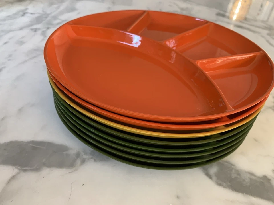 "Lote de 8 platos de merienda de fiesta de fondue divididos de melamina MCM de colección de 9,25"" de diámetro" Foto 1 de 4