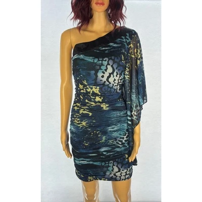 y2k One Shoulder Mini Dress MEDIUM Blue Animal Print Ruched Bodycon Party Club - Image 1 of 4