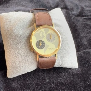 Gruen Mapface Watch Gold Tone 299-2035 Two Time Zone Quartz 5y29-6019 Seiko - Picture 1 of 13