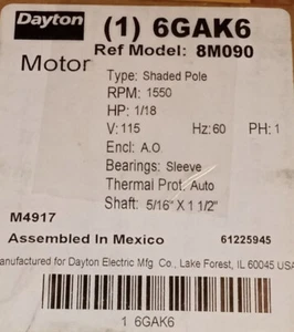 Dayton Blower Motor 71638236 1/18 HP 115V RPM 1550 5/16" x 1-1/2" D Shaft 6GAK6 - Picture 1 of 4