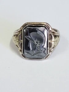 Vintage Sterling & 10K Gold geschnitzter Hämatit Intaglio römischer Soldat Herren Ring Gr.10 - Bild 1 von 7