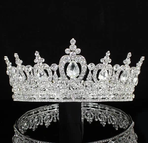 Floral Clear Austrian Rhinestone Crystal Full Hair Crown Tiara Silver Prom HG835 - Picture 1 of 7