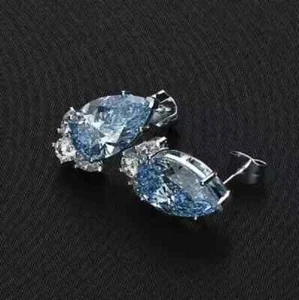 14K White Gold Plated 2Ct Pear Lab Created Aquamarine Women's Stud Earrings - Picture 1 of 2