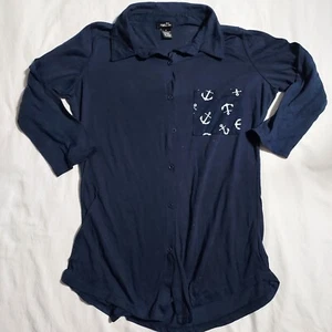 Camisa para mujer Rue 21 talla mediana azul manga 3/4 con botones bolsillo cuello - Imagen 1 de 8