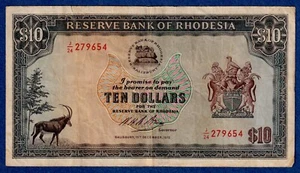 Rhodesia $10 (1973)  P-33f (15th Dec 1973) , Circulated  Banknote J/24 279654 - Picture 1 of 3