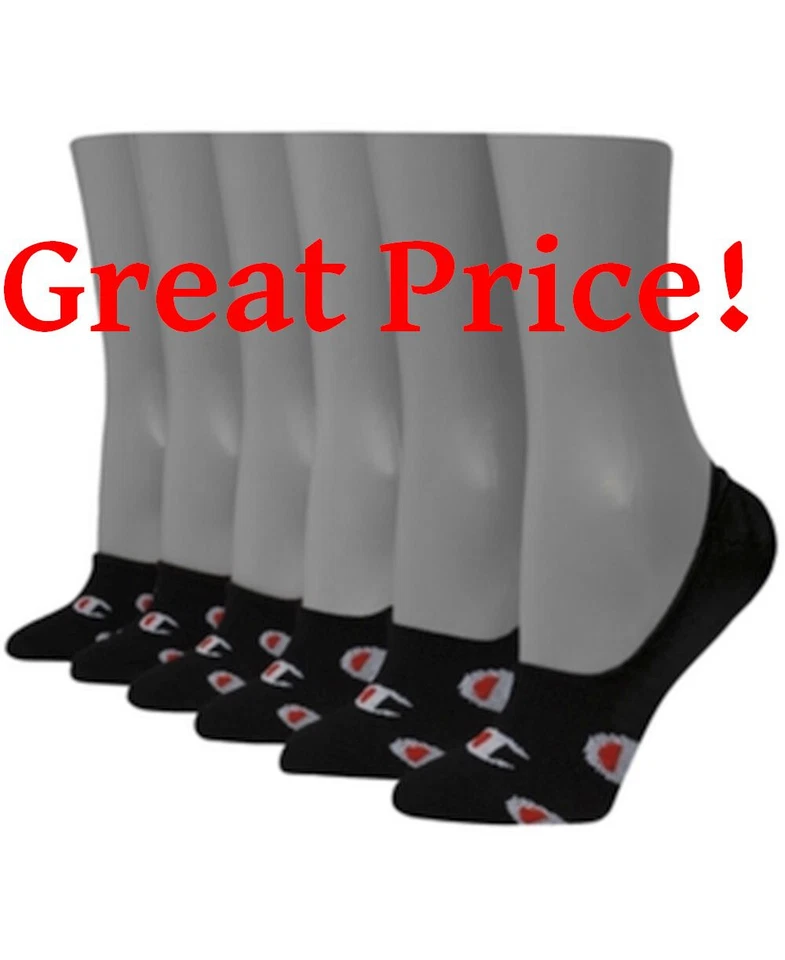 CHAMPION Womens Invisible Liner Socks with Logo 6 Pair Package Black -