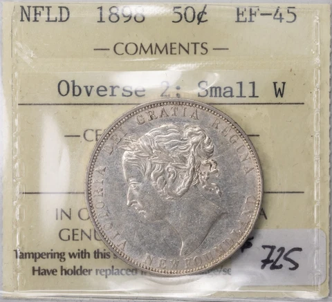 Newfoundland 1898 Small W Obv 5 50 Cents Silver Coin - ICCS EF-45 Cover