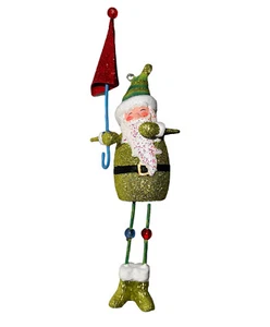 Green Sparkly Santa Carrying Red Santa Hat Umbrella Christmas Ornament EUC - Imagen 1 de 4