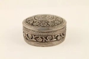 Antike runde Schnupftabak-Pillendose Silber verziert Gravur Blumenmuster - Bild 1 von 9