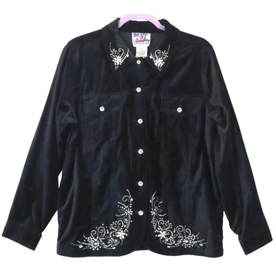 Vintage Y2K Quacker Factory Black Velvet Jacket Rhinestones Beaded Medium COTTON - Image 1 of 4