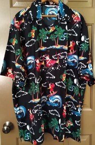 Alvish Hawaiian Shirt Mens 2XL XXL Black Palm Santa Surfers Button Poly - Picture 1 of 7