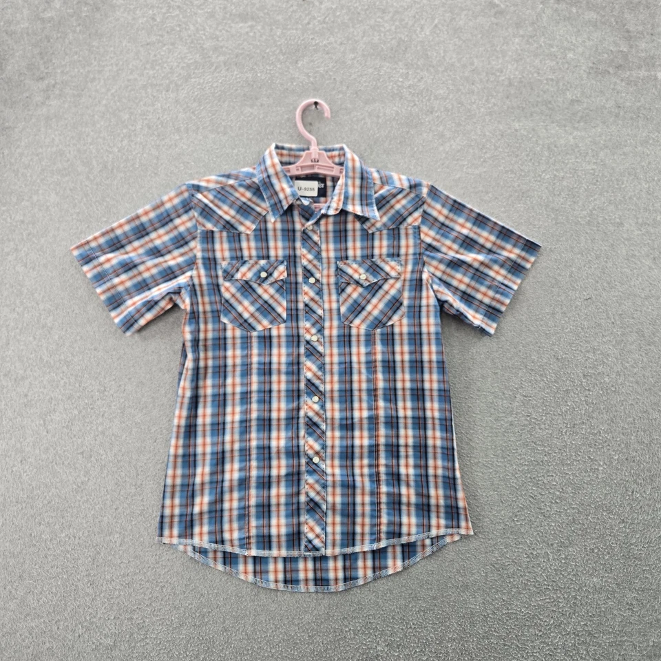 Wrangler 男孩纽扣衬衫 L 蓝色格子西部短袖珍珠扣 — 第 1/4 张图片
