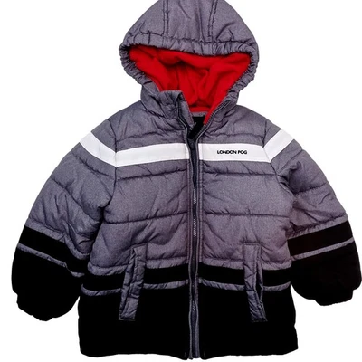 Chaqueta acolchada London Fog para niños con capucha gris rojo forrada talla M 5-6 abrigo de invierno Foto 1 de 4