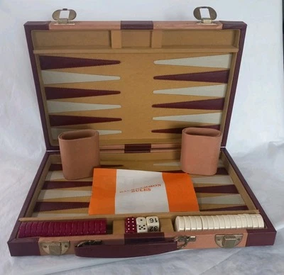 BACKGAMMON Game Set White Cream/ Red Tiles Spaces in Faux Leather Case COMPLETE - Image 1 of 4
