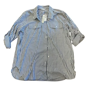 Max Studio Gestreiftes Shirt Tunika Oberteil Button Down Langarm Taschen Gr. L - Bild 1 von 3