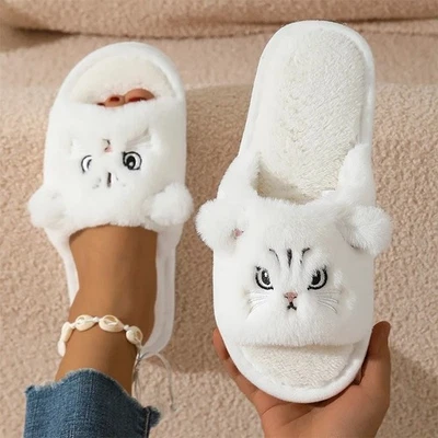 NEW Women’s Furry Cat Slippers Warm Plush Open Toe Non-Slip Indoor Winter Shoes UK