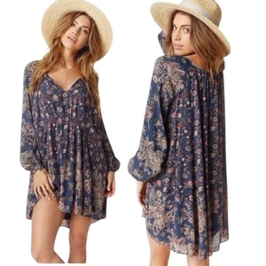 Free People Lucky Loosie Swing Floral Bohemian Tie Dress Size Small - Bild 1 von 8