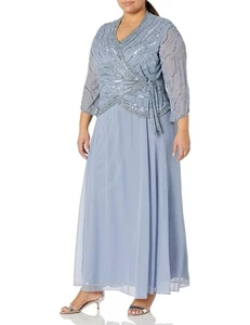 J Kara Women's Plus Size 3/4 Sleeve V-Neck Long Beaded Dress, Dusty Blue/Blue... - Picture 1 of 3