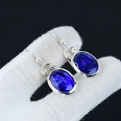 Zaffiro Creato IN Laboratorio Gemma Fatto a Mano 925 Argento Sterling Orecchino - Immagine 1 di 4