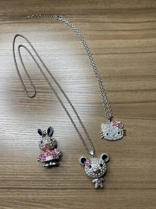Lot Chunky Crystal Pendant Long Silver Necklace Bunny Rabbit Bear & Hello Kitty - Picture 1 of 4