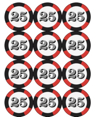 12 Cumpleaños "25" Negro y Rojo, Papel Comestible, Cupcake Galletas Toppers, Pre Cortado Foto 1 de 2