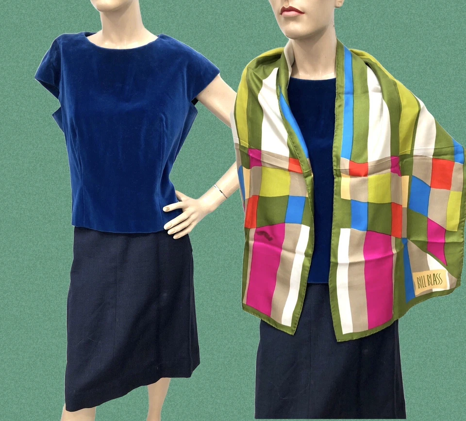 LOTE DE 4 PIEZAS) Top de colección años 50 concha de terciopelo azul, falda de lino azul marino años 40, bufandas años 60 Foto 1 de 4