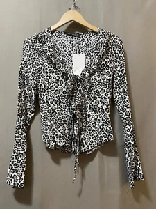 NWT ZARA Women Cuffed Long Sleeve Ruffle Trim Tie Front Shirt SZ XS Gray Animal - Picture 1 of 14