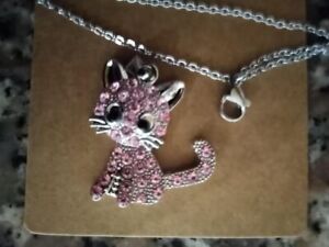  Pink Necklace and pendant cat, kitten, animal, chain, silvery tone, pussycat